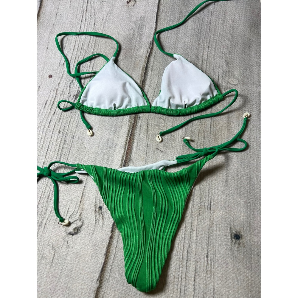 Unbranded Bikini Set Womens Green Ribbed Cowrie Shell Boho Tropical Beachwear - Picture 8 of 8